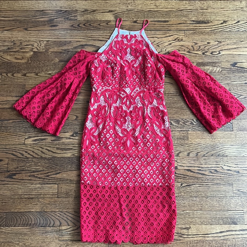 Bardot red lace dress flared sleeves